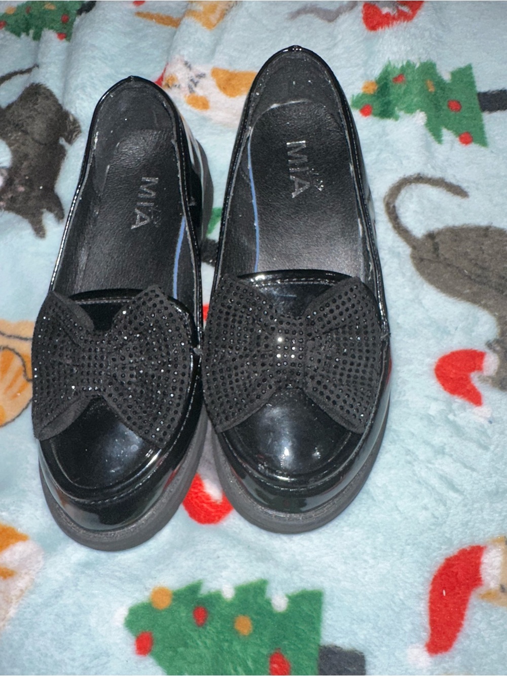 MIA Black Patent Loafers with Bow Accent